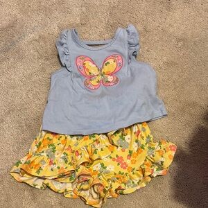 Blue Top with Butterfly and Floral Yellow Skirt Set 2T